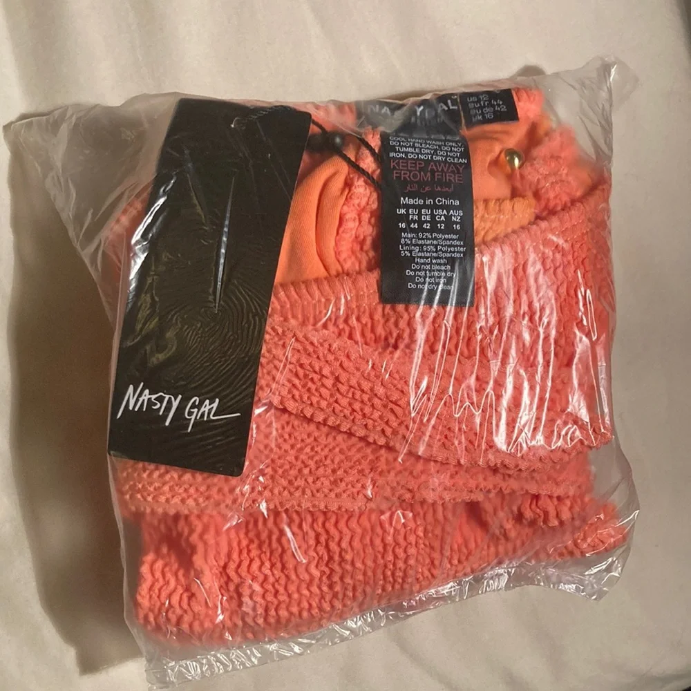NASTY GAL Crinkle Sexy Cut Ring One Shoulder Bikini Orange Women Size 12